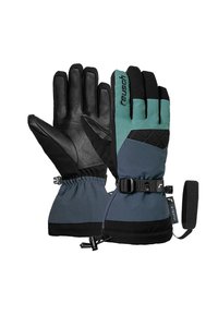 Leder- und Textilhandschuhe mit schwarzen Handflächen, türkisfarbenen und blauen Akzenten, verstellbaren Handgelenkriemen sowie gesteppte Details für Wärme und Grip.