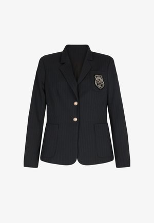 Navy pinstripe blazer with notch lapel, two front pockets, two gold buttons, and embroidered crest patch on left chest pocket.