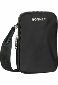 Black nylon crossbody bag with a zip closure, adjustable strap, and silver logo accent. Features a smooth texture and rectangular design.
