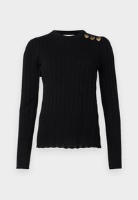 Sort ribbet sweater med lange ærmer, rund hals og tre hjerteformede guldaccenter på skulderen. Bølgeformet kantdetalje.
