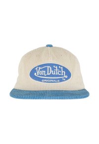Kremna kordna kapa Von Dutch Originals z modrim robom, modrim gumbom na vrhu in ovalnim modrim logom na sprednji strani.