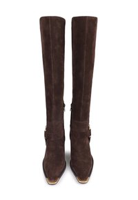 Brown suede over-the-knee boots with a pointed toe, gold accents on the toe, and belt-like hardware detail. Zipper closure at the back.