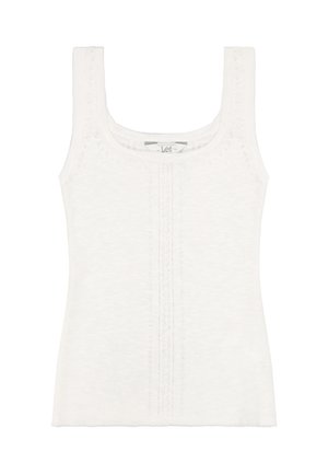 Λευκή πλεκτή αμάνικη μπλούζα με στρογγυλή λαιμόκοψη και διακριτικά κάθετα υφασμάτινα μοτίβα στο κέντρο.