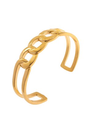 Goldfarbener Armreif mit ineinandergreifenden Kettengliedern und glatter Oberfläche. Quadratförmige offene Enden und ein elegantes, modernes Design.