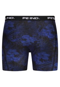 Blå och svarta mönstrade boxershorts med en svart midjeband som har vit text. Materialet är slätt med en åtsittande design.
