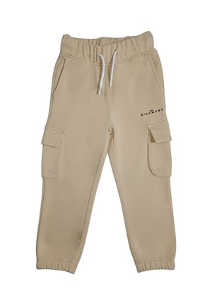 Pantaloni jogger cargo beige con vita elastica, coulisse bianca, tasche laterali con patta e logo "Richmond" sulla coscia destra.