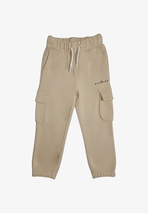 Pantaloni jogger cargo beige con vita elastica, coulisse bianca, tasche laterali con patta e logo "Richmond" sulla coscia destra.