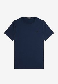 Camiseta de algodón azul marino con mangas cortas, cuello redondo y un pequeño logo negro bordado en el lado izquierdo del pecho. Textura suave.