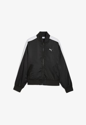 Mustat pommittajatakki nailonia, jossa on vetoketju, ribbikädenteet ja valkoiset hartiakohdat. Varustettu kahdella sivutaskulla ja logolla.