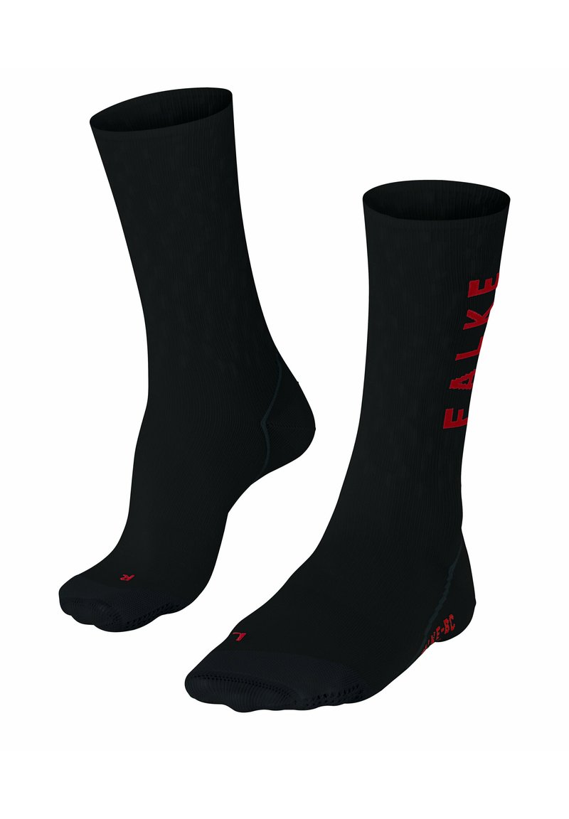 Calze sportive nere con texture a costine, design a metà polpaccio e logo rosso "FALKE" sul lato; presenta aree rinforzate sulla punta e sul tallone.