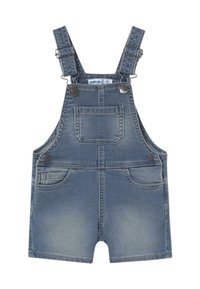 PENDIENTES DE MEZCLILLA EN AZUL CLARO CON TIRANTES AJUSTABLES, BOLSILLO DELANTERO Y DOS BOLSILLOS LATERALES; PIERNAS DE CORTE RECTO CON UN ACABADO DESGASTADO.