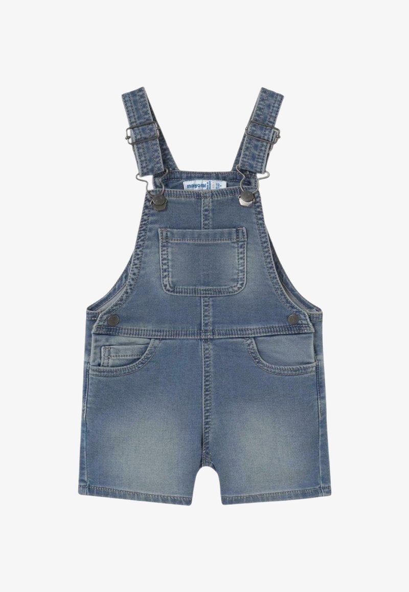 PENDIENTES DE MEZCLILLA EN AZUL CLARO CON TIRANTES AJUSTABLES, BOLSILLO DELANTERO Y DOS BOLSILLOS LATERALES; PIERNAS DE CORTE RECTO CON UN ACABADO DESGASTADO.