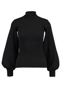 Czarny sweter z prążkowanego dzianiny typu turtleneck z długimi, obszernymi rękawami w kształcie balonu zakończonymi ściągaczem przy nadgarstkach.