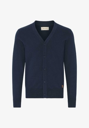 Mørkeblå cardigan lavet af strikket stof. Har en V-hals, seks knaplukninger foran, ribbede ærmer og et lille logotag på siden.