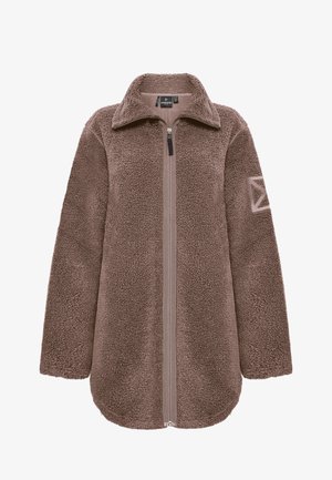 Brown fleece jacket with a zip closure, high collar, and long sleeves. Features a textured surface and a geometric accent on the sleeve.