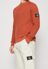 Rostorange stickad tröja med rund halsringning och ribbade ärmslut, med en svart Calvin Klein logopatch på vänster arm.