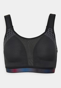 Svart sports-bh med mesh-panel, med teksturert materiale, brede stropper og et fargerikt gradient elastisk bånd nederst.