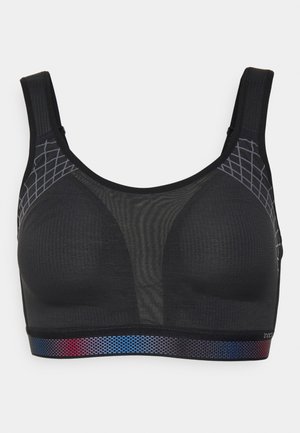 Sujetador deportivo negro con panel de malla, que presenta un material texturizado, tirantes anchos y una banda elástica de degradado colorido en la parte inferior.