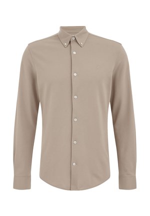 Beige long-sleeve shirt made of cotton, featuring a button-down collar and front placket with white buttons. Subtle logo on the chest.