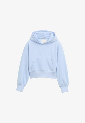 Hellblauer, kurz geschnittener Kapuzenpullover aus weichem Material, mit einer Fronttasche, einer Kapuze und leicht gepufften Ärmeln, sowie gerippten Bündchen und Saum.