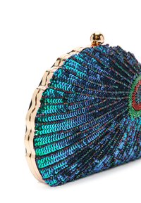Clutch decorato con paillettes e una struttura in metallo dorato scallop, caratterizzato da paillettes multicolori in tonalità di blu, verde e rosso, con una superficie texturizzata.