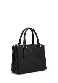 Zwarte gestructureerde handtas met dubbele bovenhandvatten, gouden hardware accenten en ritssluiting. Heeft een gestructureerd ontwerp en een gegraveerd logo.