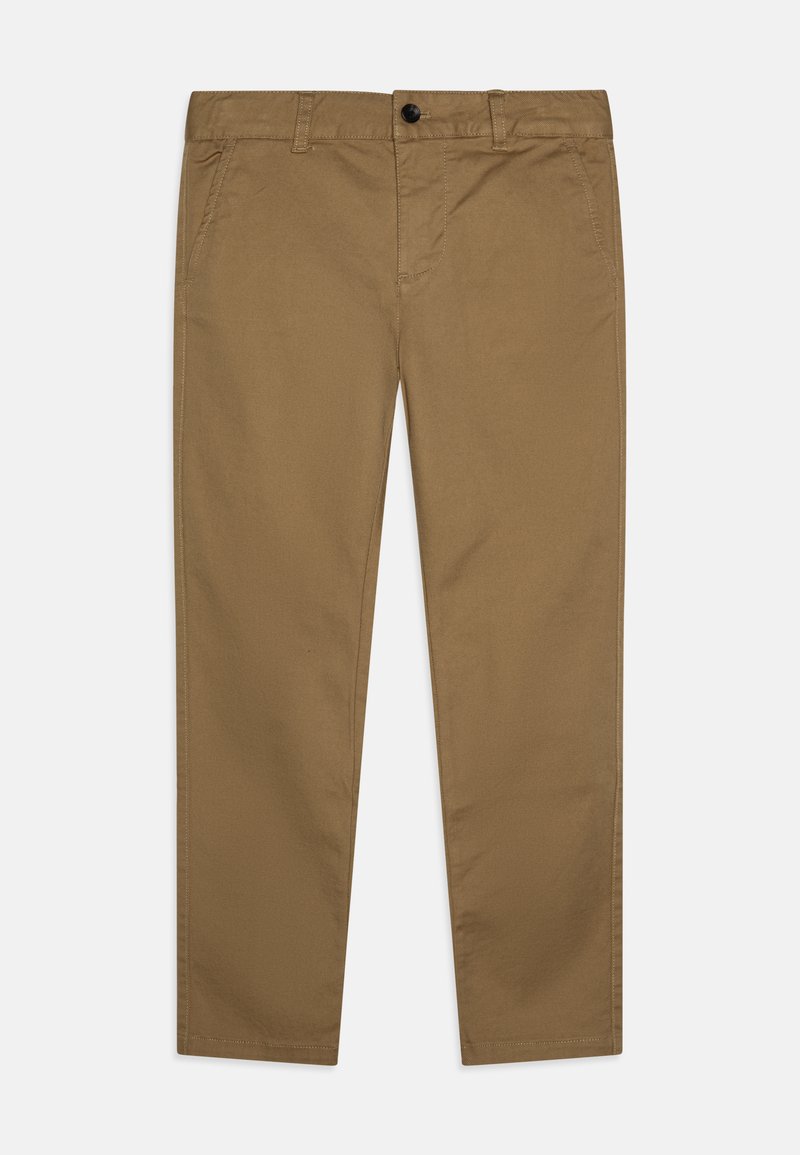 Rudi, siauri chinosai, rudų spalvų, su lygiu priekiu, vienu mygtuko uždarymu ir dviem priekiniais kišenėmis, pagaminti iš švelnios medvilnės mišinio audinio.