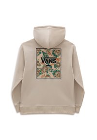 Felpa beige con cappuccio regolabile, presenta una grande stampa floreale sul retro e un logo "VANS" centrale. Tessuto morbido.