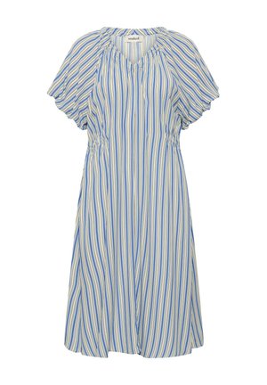 Midi haljina s vertikalnim prugama u plavoj, bijeloj i žutoj boji, kratkih nabranih rukava, V-izrezom i detaljima skupljenog struka.