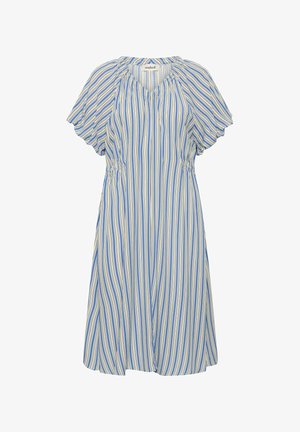 Midi haljina s vertikalnim prugama u plavoj, bijeloj i žutoj boji, kratkih nabranih rukava, V-izrezom i detaljima skupljenog struka.