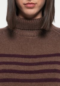 Maglione a collo alto marrone a coste con strisce orizzontali bordeaux, realizzato in un materiale morbido e strutturato. Primo piano del collo e della parte superiore del torso.