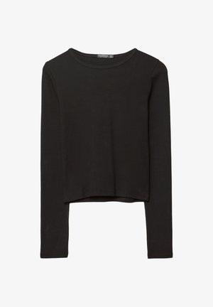 Crni dugosleeve cropped top napravljen od mekanog materijala. Ima okrugli izrez i čist, jednostavan dizajn bez dodatnih uzoraka ili akcenata.