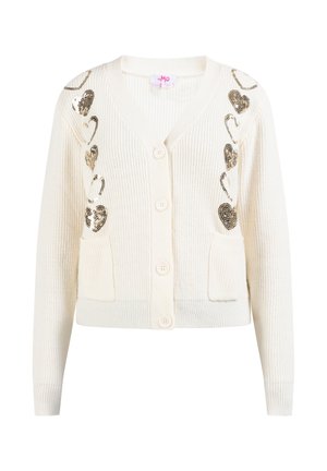 Cardigan ivory cu model cu dungi, cu guler în V, cinci nasturi, două buzunare frontale și desene cu inimi din paiete pe o parte. Textură moale din tricot.