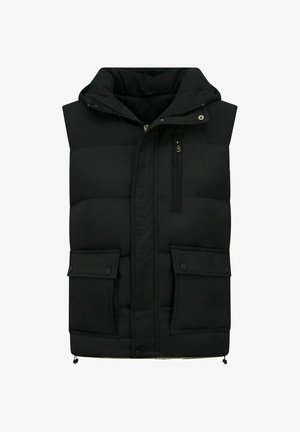 Zwarte gewatteerde bodywarmer met capuchon, voorzien van een voorrits, twee opgestikte zakken en een met rits afsluitbare borstzak. Getextureerde, geïsoleerde stof.