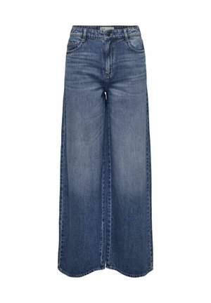 Bredde ben blå denim jeans med høj talje, klassisk fem-lomme design og en lysvasket finish for en afslappet pasform.