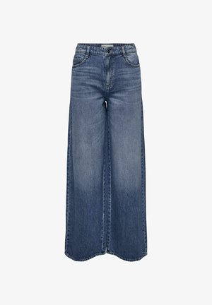 Szerokie niebieskie dżinsy z wysokim stanem, klasycznym pięciopocketowym wzorem oraz wyblakłym wykończeniem dla swobodnego kroju.