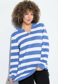 Blau-weiß gestreifter Strick-Polo-Pullover mit V-Ausschnitt und langen Ärmeln, im entspannten Schnitt mit gerippten Bündchen.