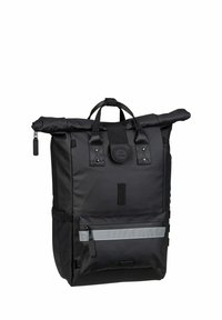 Zwarte roll-top rugzak van nylon, uitgerust met twee handvatten, een ritsvak aan de voorkant met een reflecterende strip en verstelbare zijbanden.