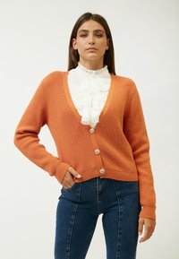 Rustfarvet cardigan med V-hals, ribbet tekstur og fem knaplukninger. Båret over en hvid bluse med flæser og parret med mørke jeans.