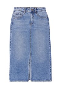 Jupe midi en denim bleu clair avec une fente à l'avant, cinq poches et un bouton en métal doré. Présente une coupe droite classique et un léger délavage.