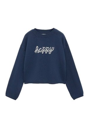 Granatowy sweter z dzianiny z długimi rękawami, z przodu haftowane słowo "happy" białymi pisanymi literami.