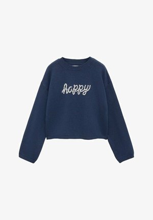 Marineblå strikket sweater med lange ærmer og ordet "happy" broderet med hvide kursivbogstaver på forsiden.