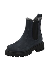 Donkerblauwe suède enkellaarsjes met een voering van nepbont, elastische zijpanelen en stevige zwarte rubberen zolen met diepe profielpatronen.