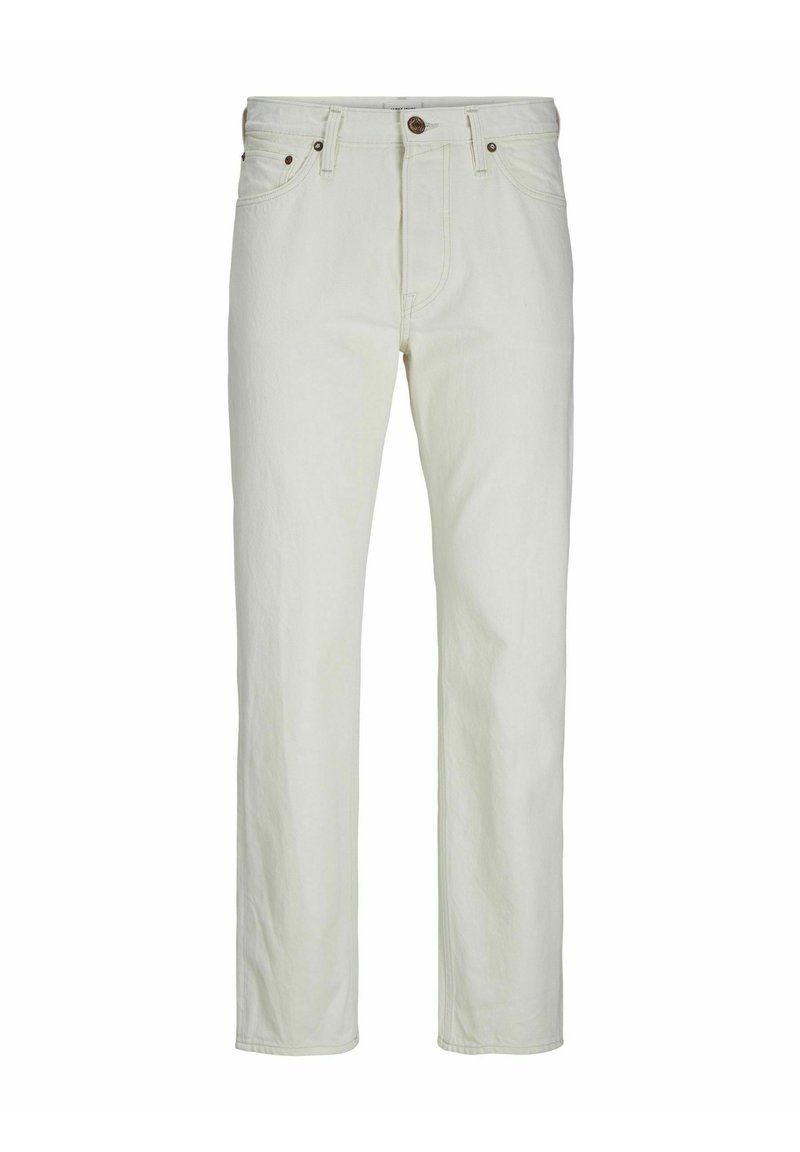 Pantaloni in denim di colore chiaro con design a gamba dritta, dotati di chiusura frontale con bottone, due tasche laterali e una finitura leggermente strutturata.