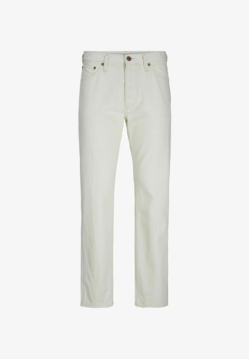 Pantalon en denim clair avec une coupe droite, présentant une fermeture à bouton à l'avant, deux poches latérales et une finition légèrement texturée.