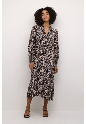 Leopard print midi dress in lightweight fabric. Features a V-neck, long sleeves with elastic cuffs, and a relaxed fit.