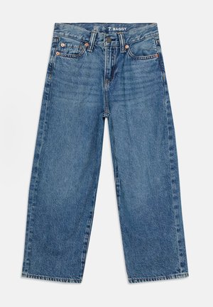 Blå løstsiddende denimjeans med fem lommer, knap- og lynlåslukning samt bæltestropper, vist fladt på en hvid baggrund.