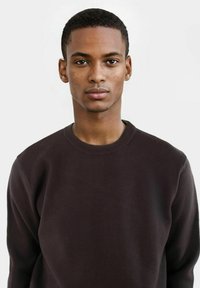 Brun crew-neck sweatshirt med en slät textur, figurnära design och minimalistisk stil. Inga synliga mönster eller hårdvarudetaljer.