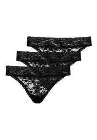 Drie paar zwarte kant thongs met bloemenpatronen, semi-doorzichtig stof en gegolfde randen.