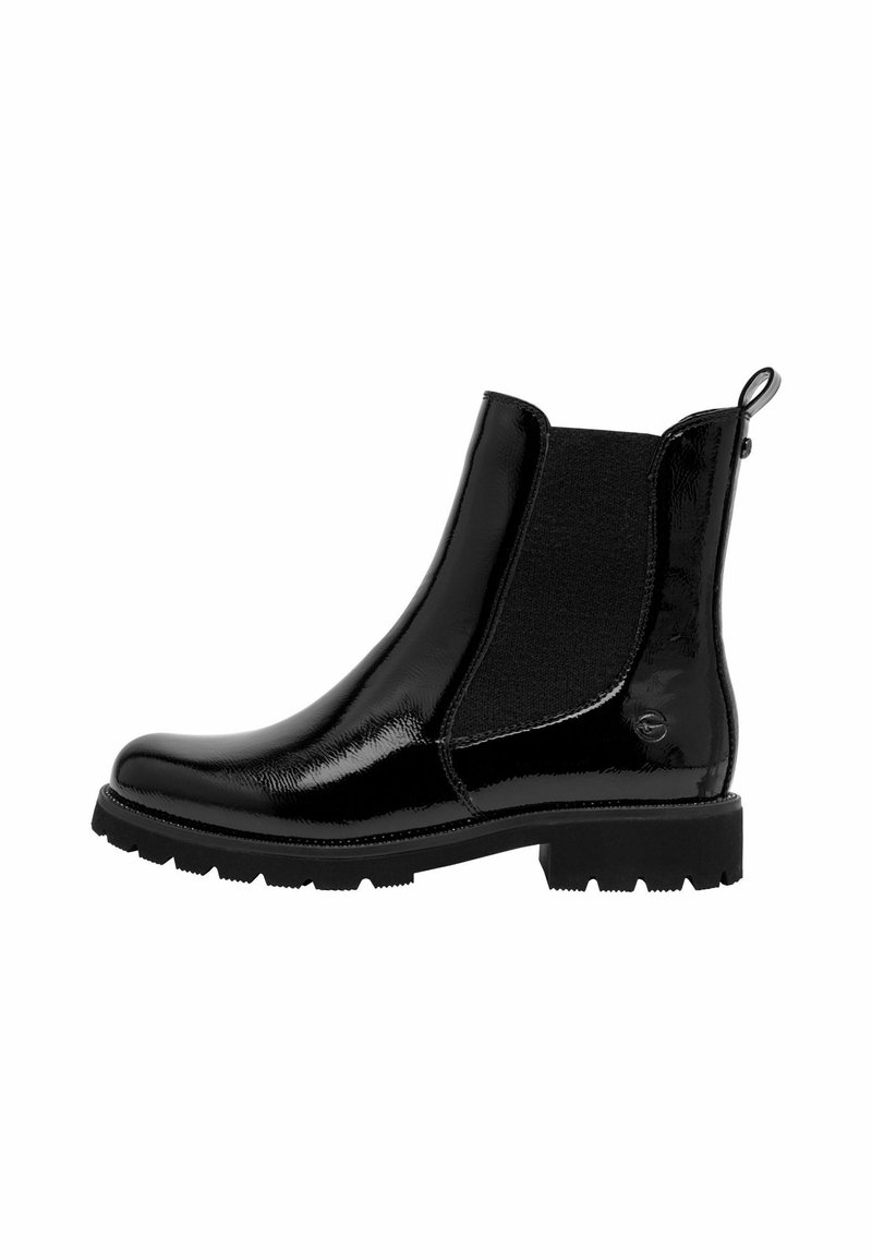 Bottes Chelsea en cuir verni noir avec des panneaux latéraux élastiques, bout arrondi et semelle en caoutchouc texturé. Dotées d'une languette à l'arrière.